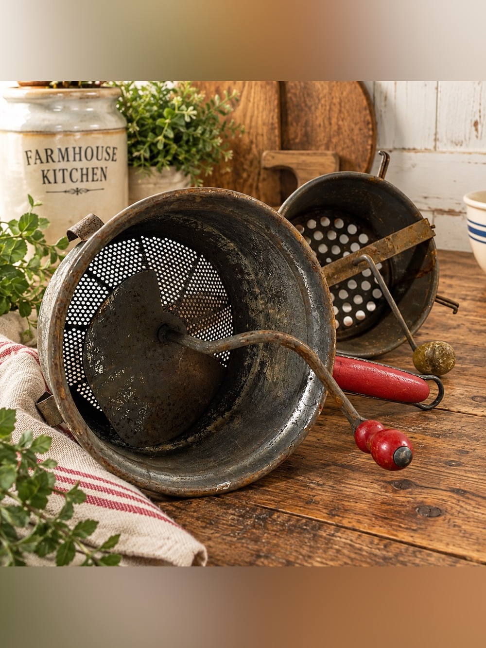 2 Vintage Hand Crank Food Mills Strainers Wood Handle Farmhouse Kitchen Decor